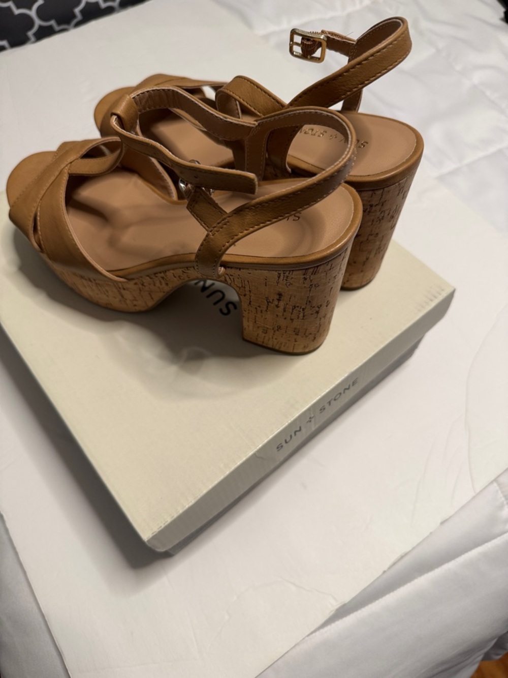Sun + Stone Tan Cross-Strap Slingback Wedge Sandals - Picture 2 of 8